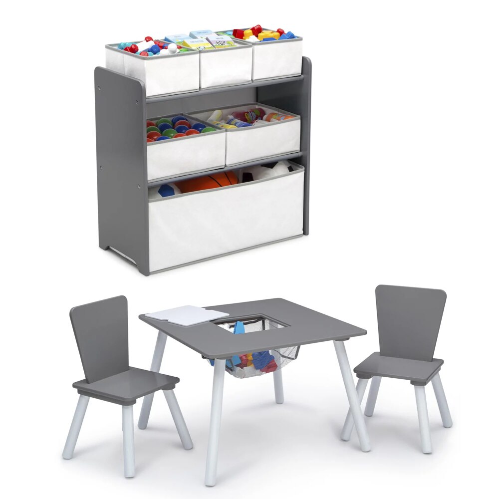 델타 어린이 4 피스  놀이방 세트, 회색 흰색 어린이 책상, 어린이 공부 책상 테이블 및 의자 세트